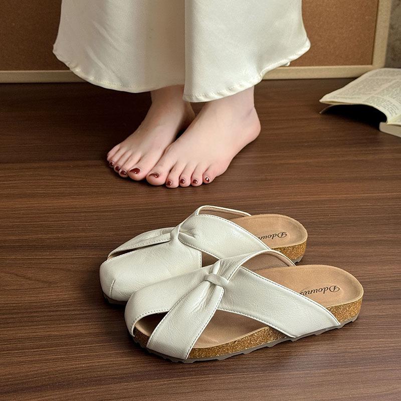 Baotou Half Slippers Women's Fashion 2025 New Summer Soft Leather Flat Bottom Soft Sole Temperament One Foot Cool Slippers Women's Shoes