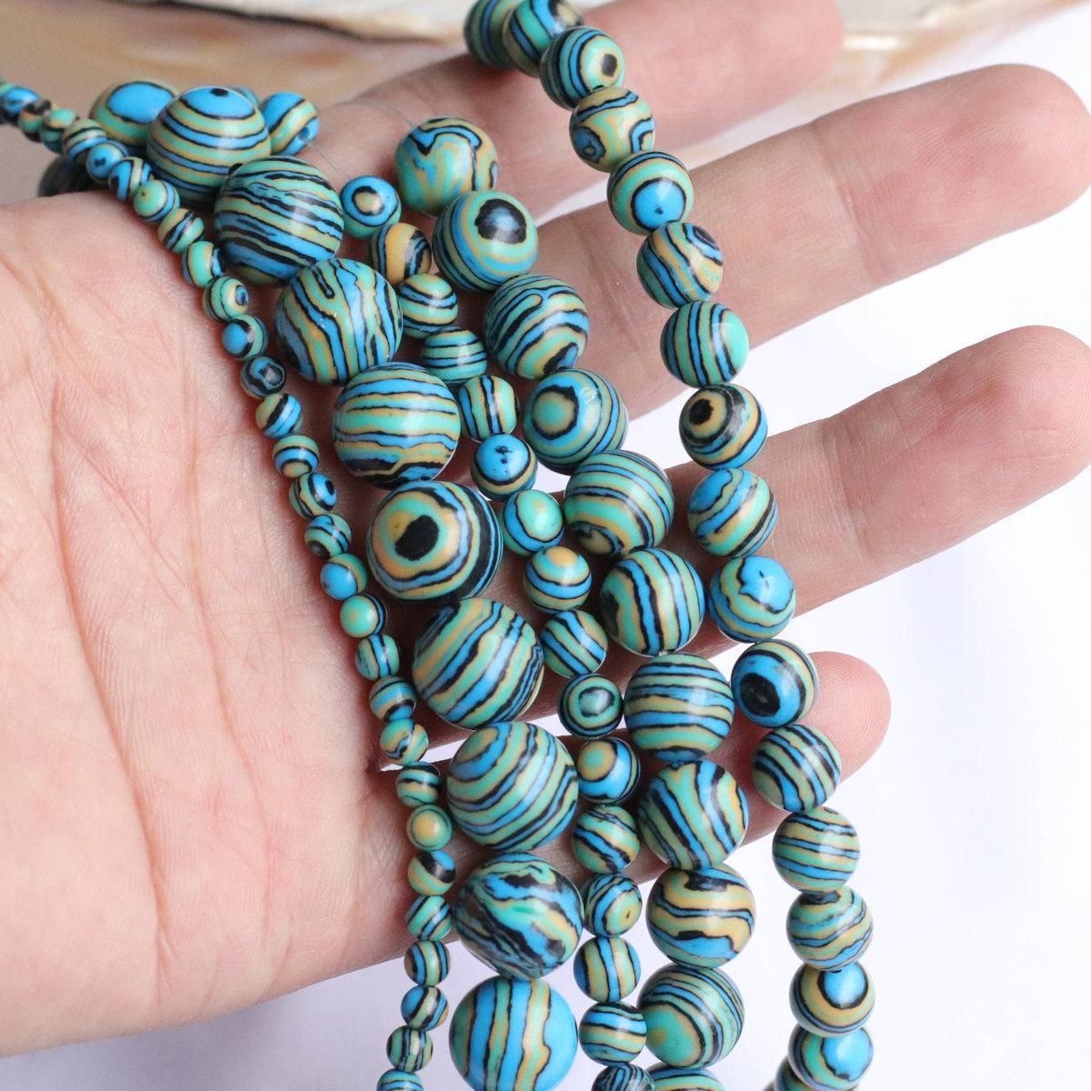 Сине-белые круглые бусины из малахита (4-12mm) для самодельных украшений: Браслеты, ожерелья, аксессуары