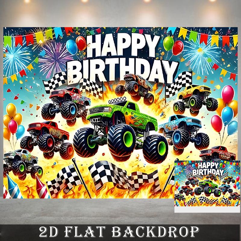 2D Plane, Featuring a Birthday Greeting Banner with a Giant Truck, Balloons, Fireworks and Grid Flags - Wheel-shaped Design