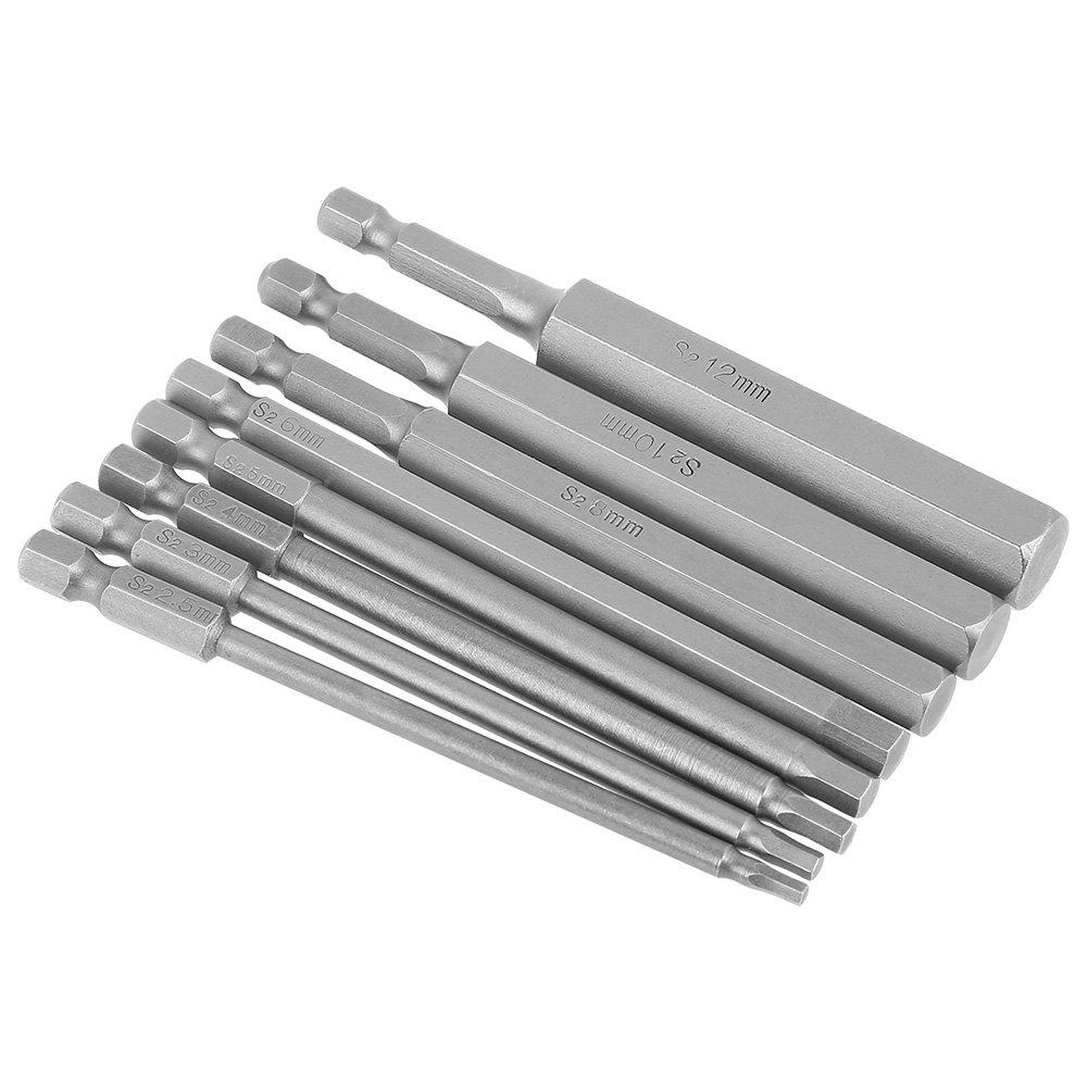 Hilitand Hex Bit 100mm Total Shank with Set Set, Length, 6.35mm Diameter, Magnets, 2.5/3/4/5/6/8/10/12mm Bits, 8-Piece