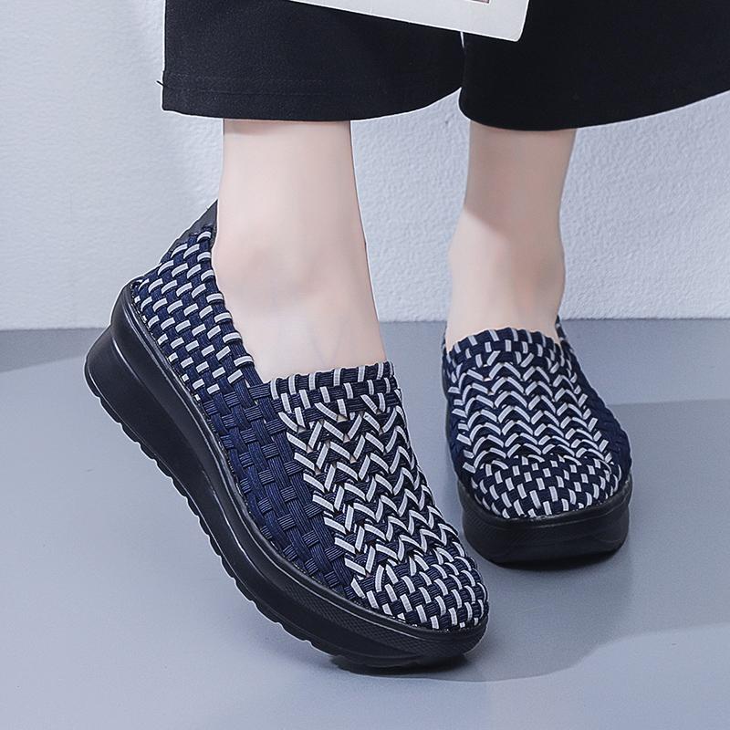 Lady Summer Breathable Slip on Beach Shoes Women Casual Platform Elevator Braided Blue White Sneakers Plus Size