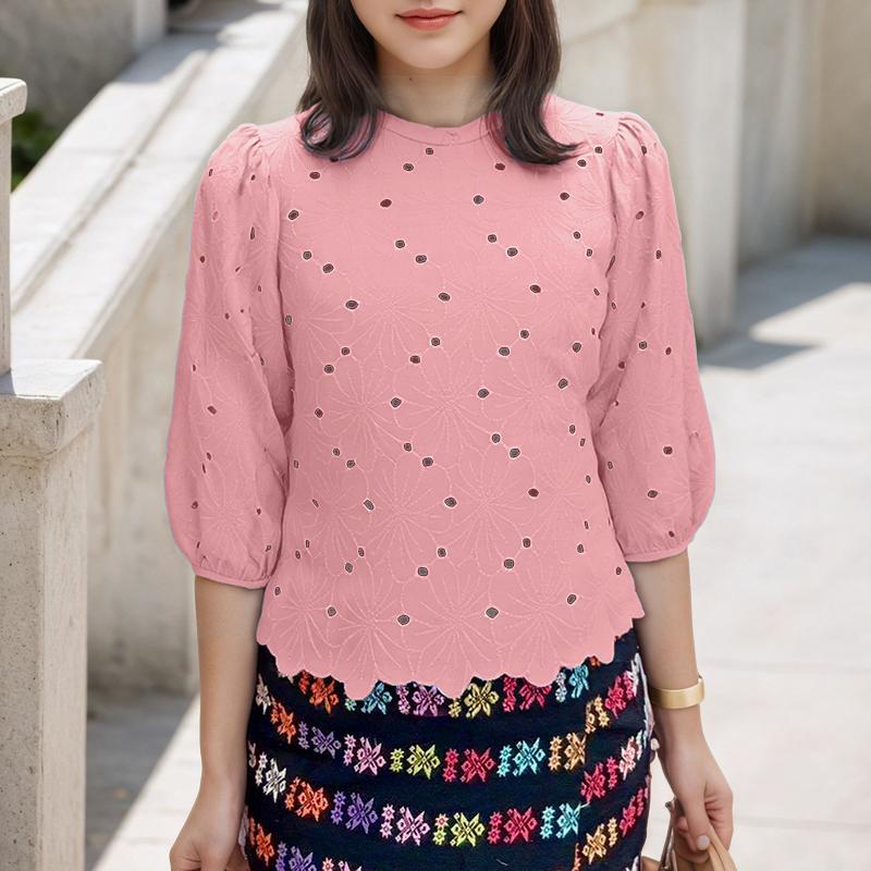 ZANZEA Women Casual Round Neck 3/4 Sleeve Loose Patchwork Crochet Blouse