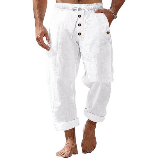 Men's Casual Linen Trousers Elastic Waist Drawstring Baggy Trousers Solid Color Loose Fit Summer Pants with Pockets for Beach Yoga Wear