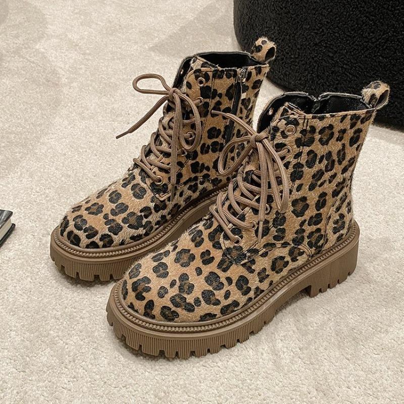 Plus size leopard print short fashion women's boots for autumn and winter New lace-up platform side zipper round toe boots