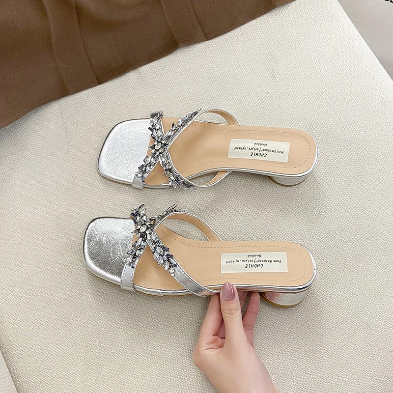 French Square Head Mid-heel Shoes Women's Roman Sandals 2025 Summer New Wear Cross Rhinestone Slippers Cool Slippers