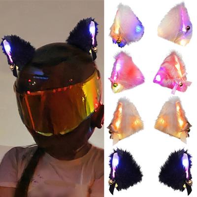 2Pcs Motorcycle Helmet Plush Cat Ears Decoration Stickers Motocross Helmet Full Face Off Road Helmet Decor with Colorful LED Light