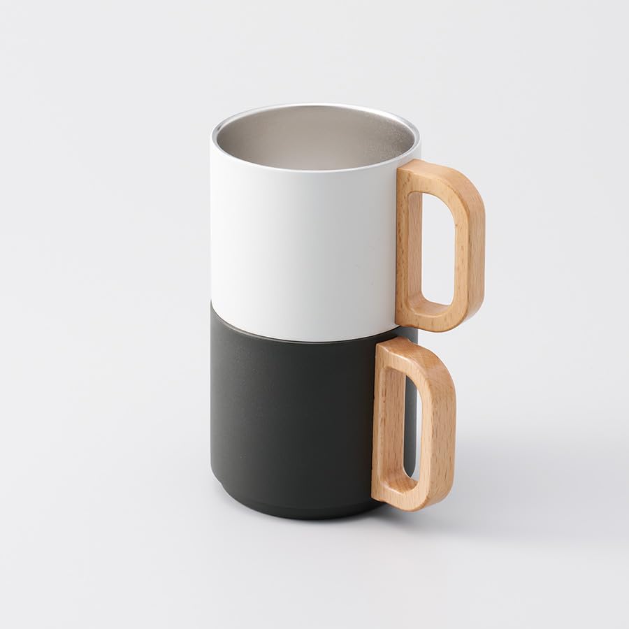 Stackable Wooden Handle Thermo 350ml Insulates Hot Cold Perfect for Camping and Outdoor Activities Mug, Stackable, & Drinks, Unbreakable, (White)