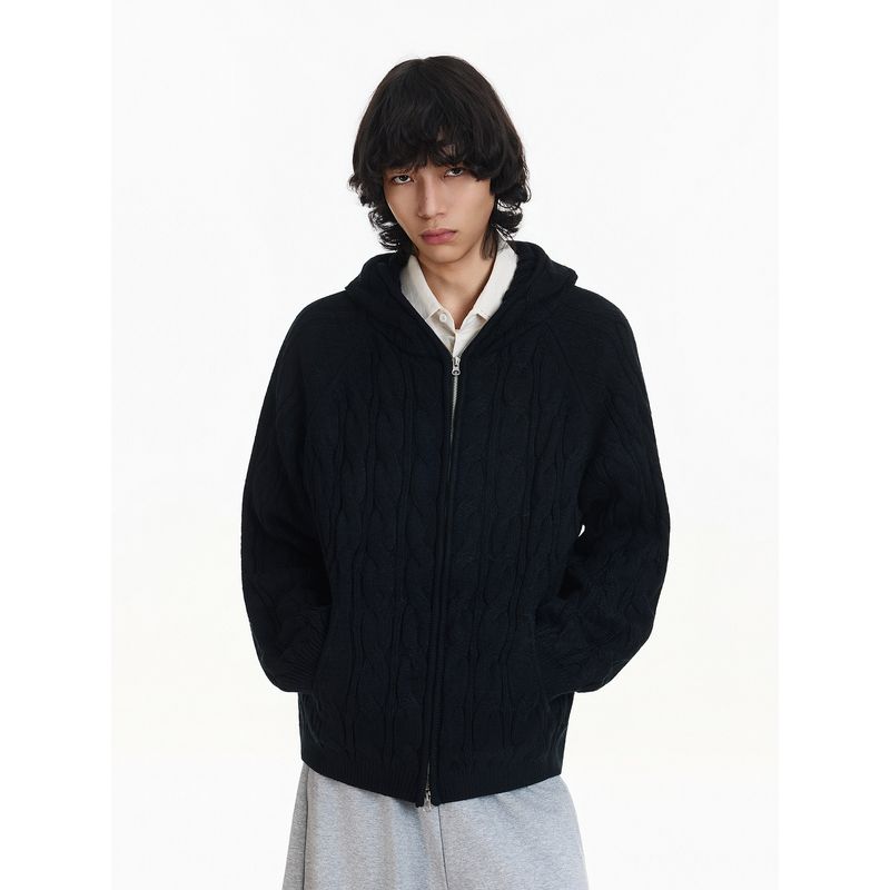 Blaexit American Retro Textured Khaki Hooded Knitwear for Men and Women, Autumn and Winter Zipper Knitwear Jacket