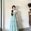 Women's Mint Green Strappy Dress: 2026 French Style, Waist-Cinching A-line Long Summer Skirt