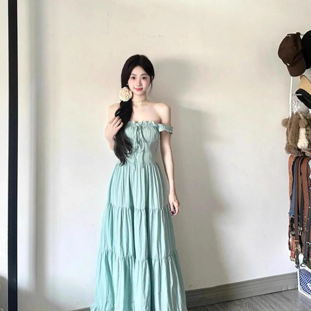 Women's Mint Green Strappy Dress: 2026 French Style, Waist-Cinching A-line Long Summer Skirt