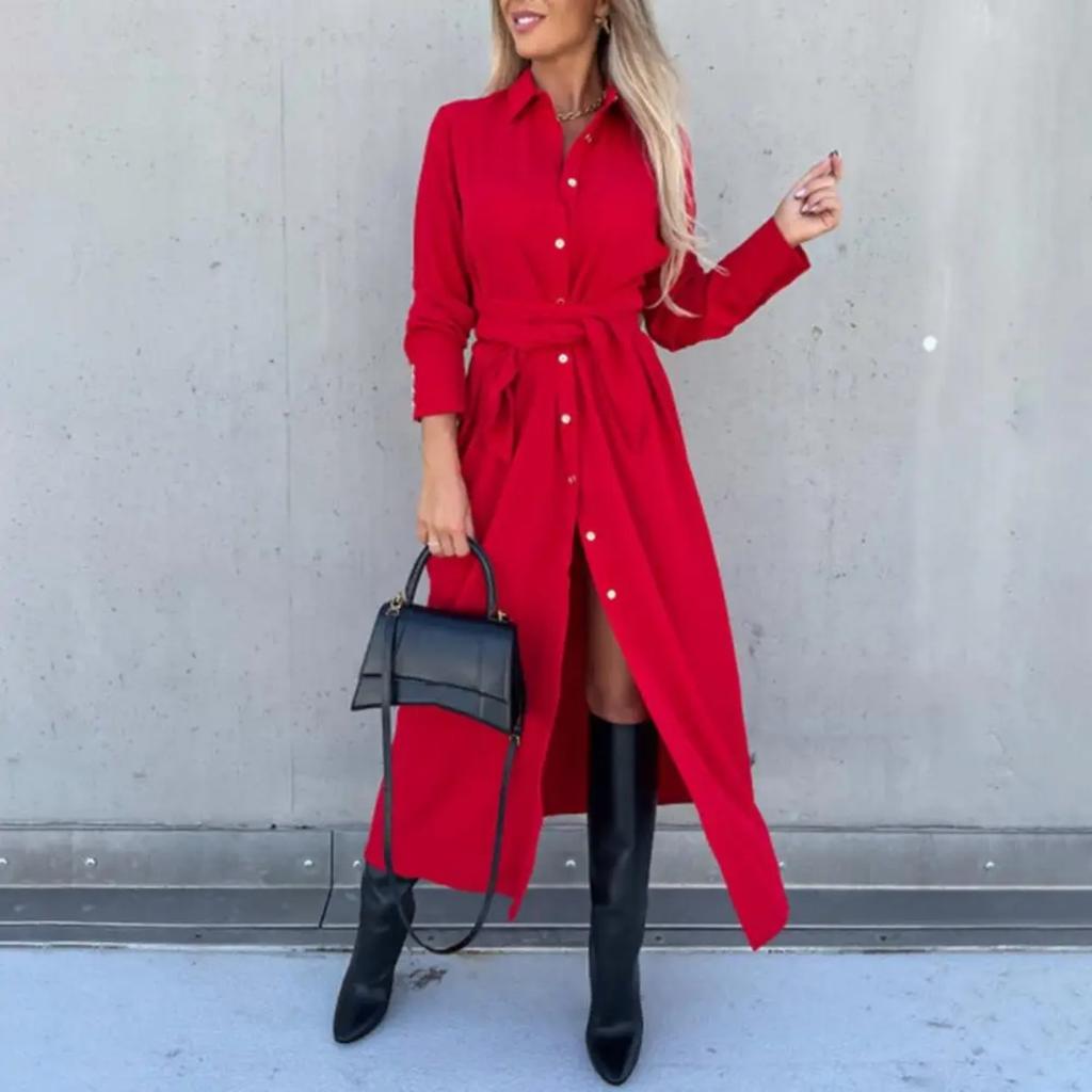 Women's Cotton Button Down Maxi Long Sleeve Lapel Collared Long Dress Lace Up Waist Ladies Robes