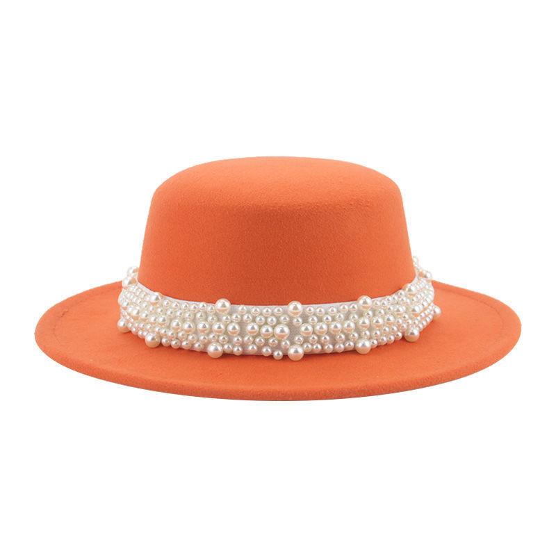 Top Hat Short Brim Hepburn Style British Style Small Round Tibetan High-end Jazz Hat Versatile Flat Top Felt Hat Pearl Premium New