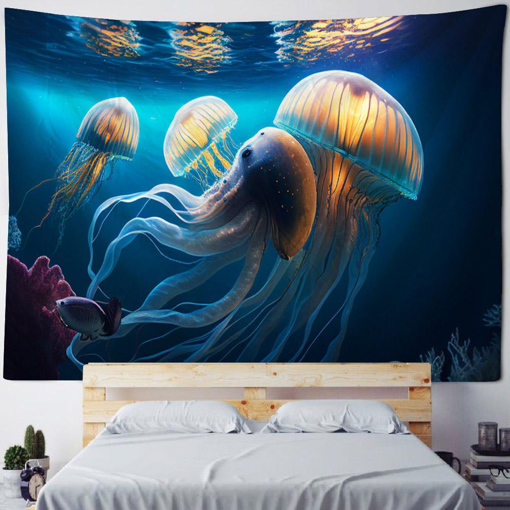 Underwater Jellyfish Wall Tapestry, Dreamy Cartoon Style, Children's Room Background Poster, Home Decoration Mural, Bed Sheets