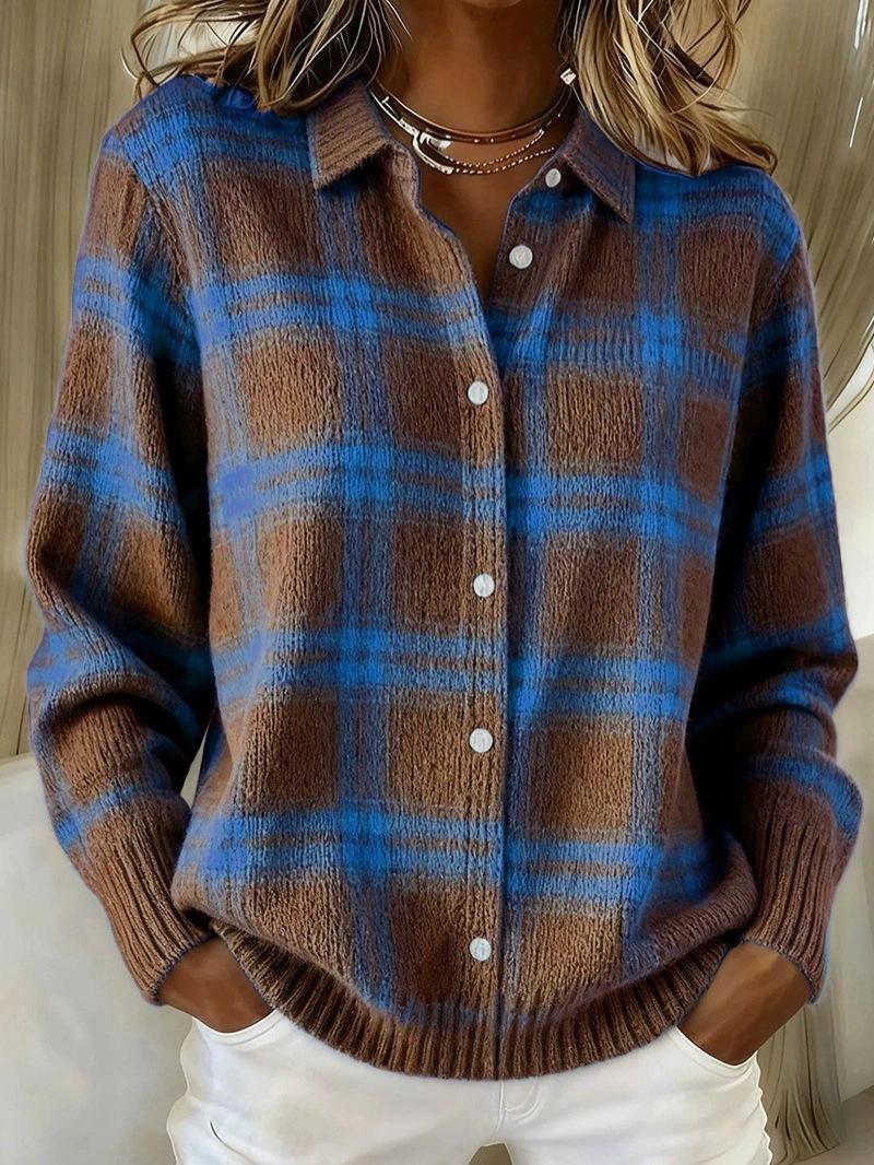 2025 Europe, America, Amazon Independent Station Cross-border, autumn and winter popular women s lapel striped contrasting sweater jacket S темно-коричневого