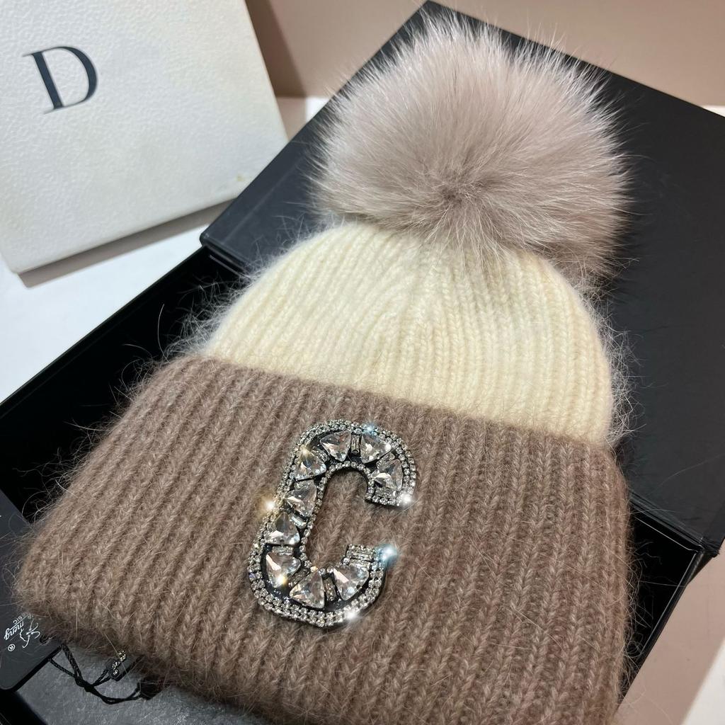 C Russian Winter Outdoor Thickened Double-Layer Warm Rabbit Fur Knitted Hat Northern Cold Fox Hairball Ear Protection Hat