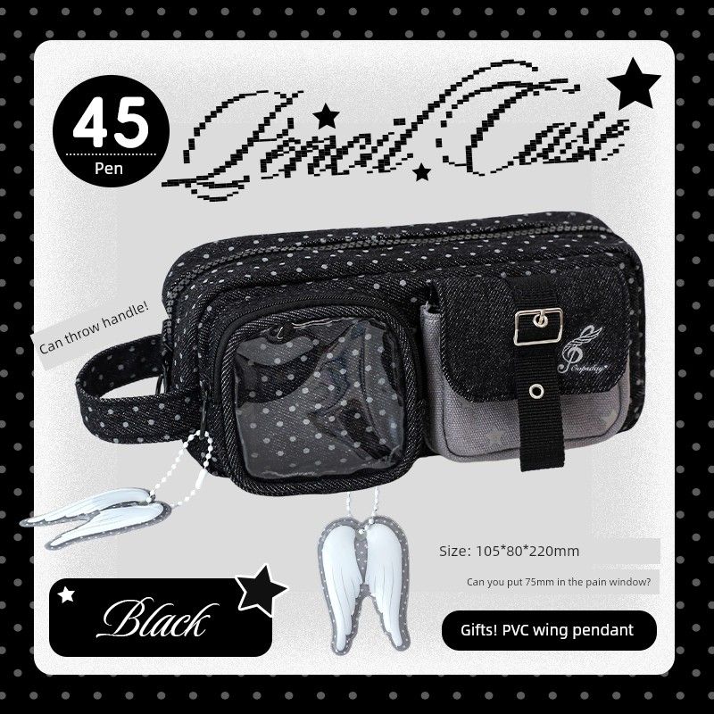 

Pencil Case Good-looking Ins Style Girl Primary School Student Minimalist Large Capacity Junior High School Male Stain-Resistant Stationery Case Black-Black