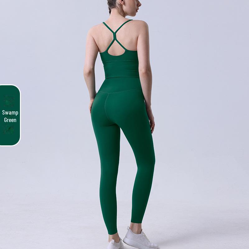 New Nude Yoga Set: Cross-Back Sports Bra & High-Waist Peach Hip Leggings