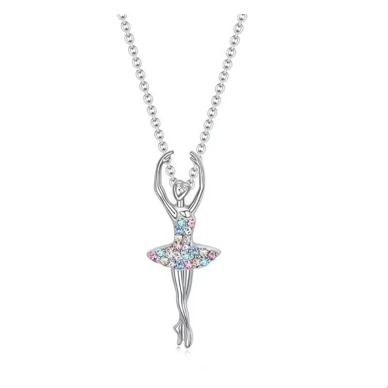 Obega Ballet Dancing Girl Pendant Necklace For Women Multi Color Rhinestone Necklace Copper Color Link Chain Jewelry