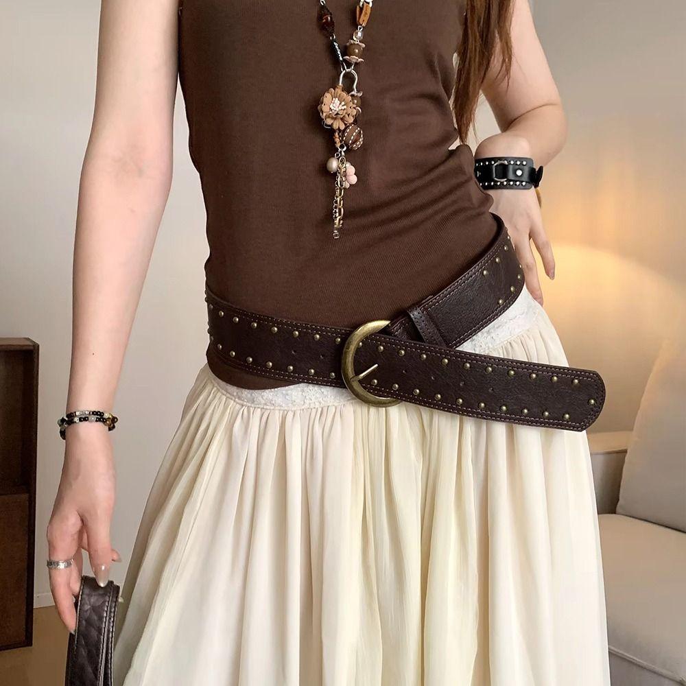 Vintage Leather Waist Belt Gothic Dress Jeans Belt Retro Women's Rivet Belt  Waist-Cinching