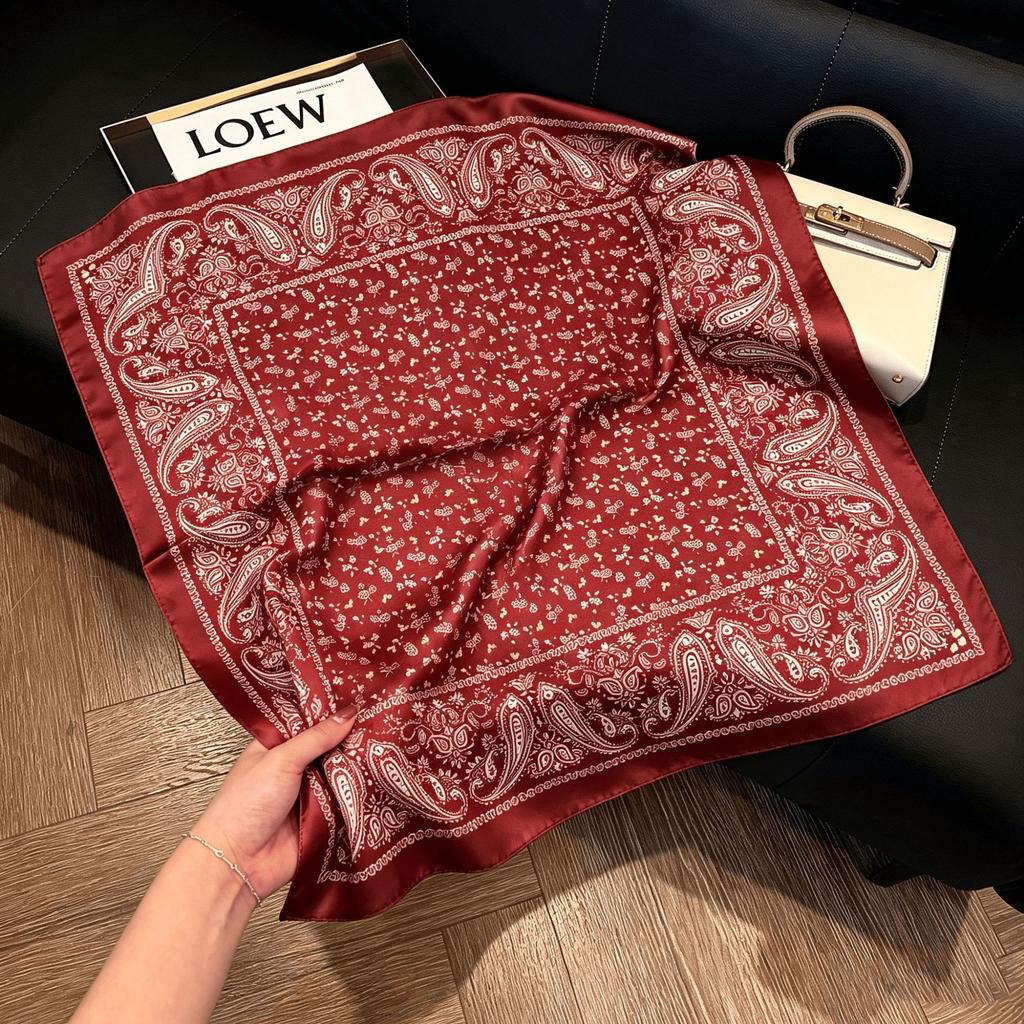 Lao Qian Feng Coffee Color Cashew Nut Silk Scarf Headscarf Versatile Neck Square Scarf Premium Sense Female Foreign Style Decorative Scarf Scarf