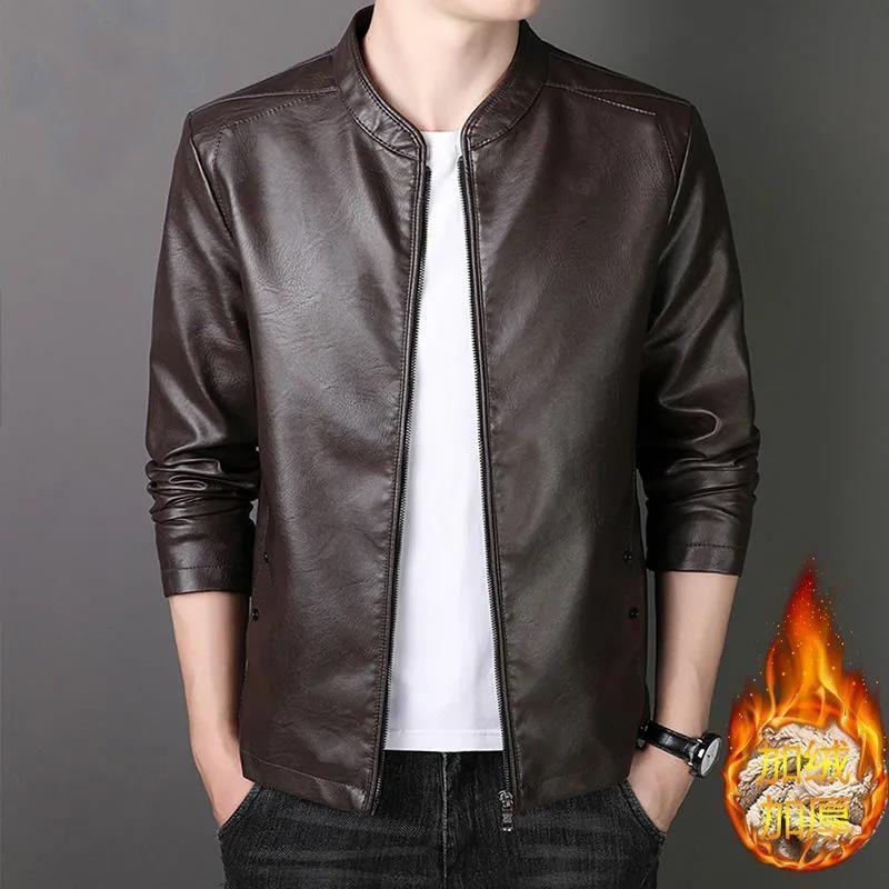 Men's leather jacket spring and autumn new trend stand-up collar leather jacket casual velvet PU leather jacket men's motorcycle leather jacket