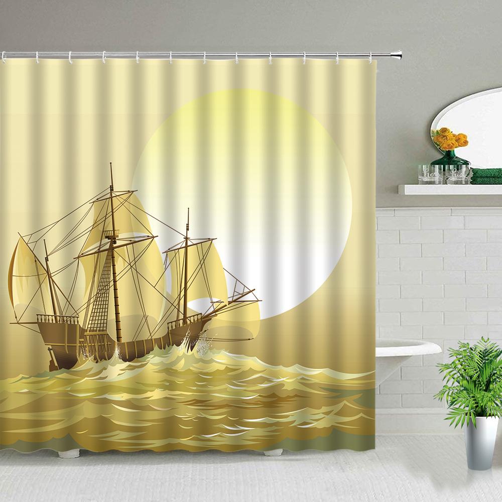 Sailboat Ocean Scenery Bathroom Shower Curtains Oil Painting Landscape Waterproof Bath Curtain Bathtub Decor Cloth Set With Hook