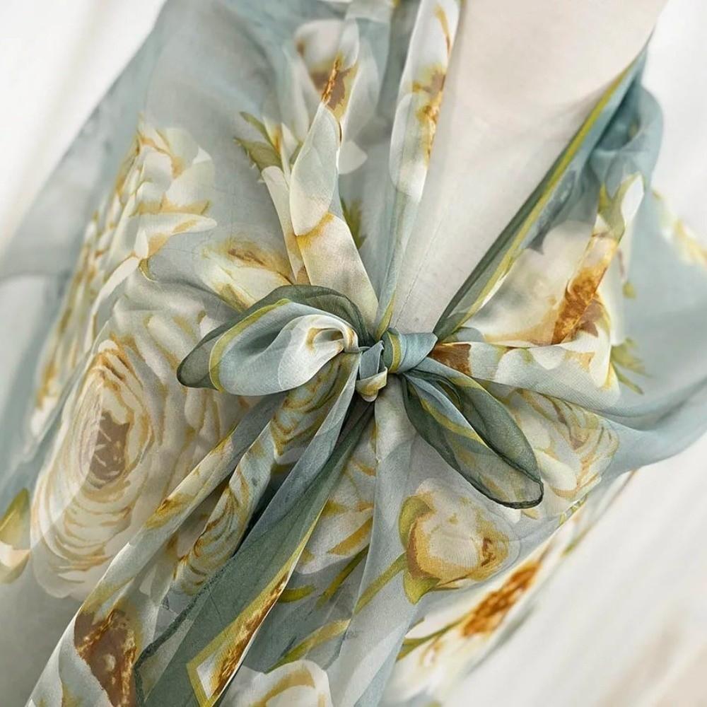 Thin Soft Long Chiffon Scarf Flower Print Beach Scarves Sun Protection Scarf for Casual Wear