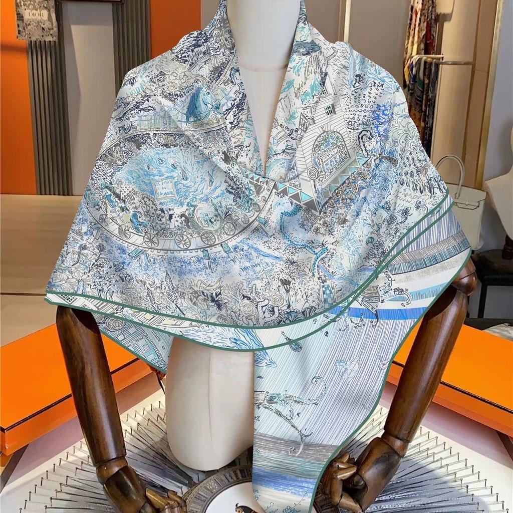 Autumn/Winter 130cm Faux Silk Wool Square Scarf Women's Warm and Elegant Castle Pattern Scarves Wraps Pashmina Hijab