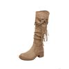 Retro wasteland fringed knight boots women's 2025 autumn new thick heel but knee boots slim pile boots