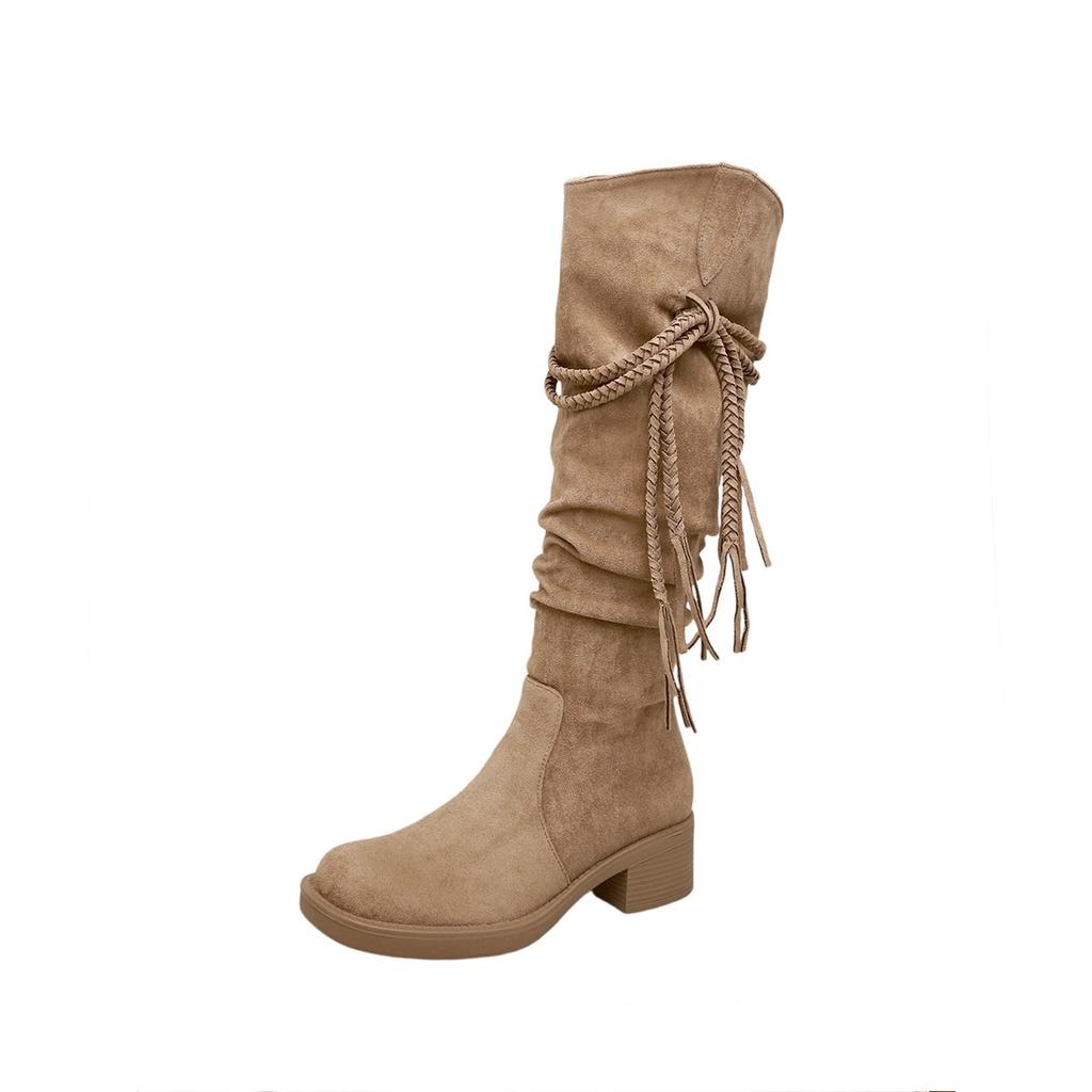 Retro wasteland fringed knight boots women's 2025 autumn new thick heel but knee boots slim pile boots