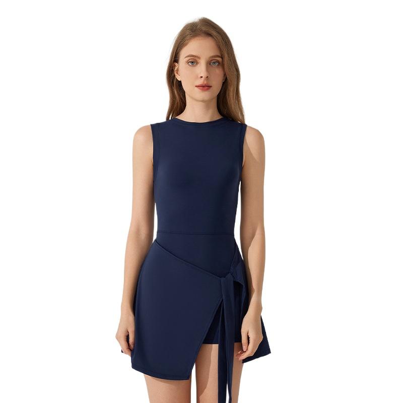 Slimming Two-in-One Yoga Dress - Sports Tank Top with Built-in Shorts, Tie-Waist Fitness Running Skirt, Anti-Slip Secure Design for Tennis Gym Workout