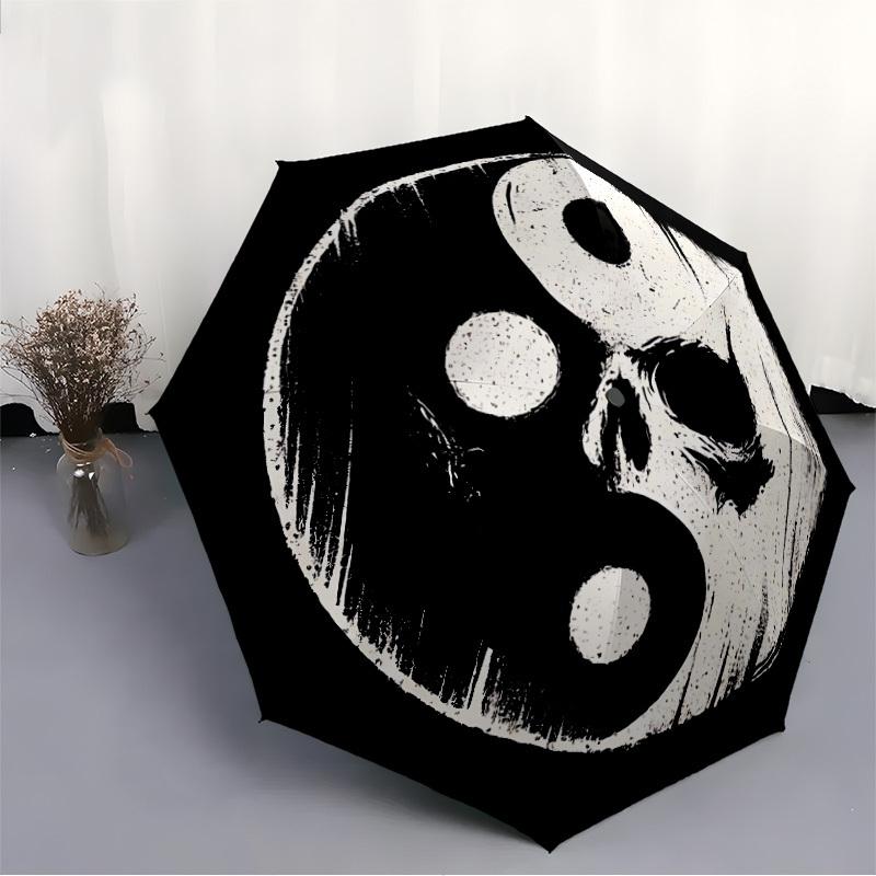 1pc YinYang Skull Automatic Folding Umbrella - Windproof Compact Travel Umbrella with Auto Open/Close, 8-Rib Heavy-Duty Shaft for Women/Men A059