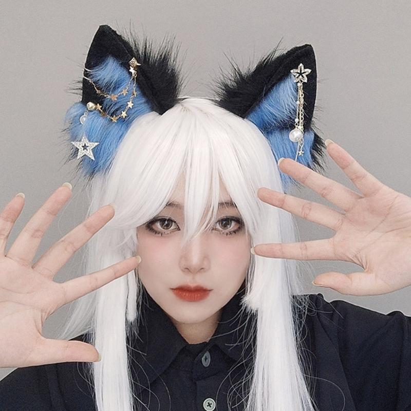 Wolf Ears Handmade Animal Furry Kitten Headband Star Tassels for Masquerade