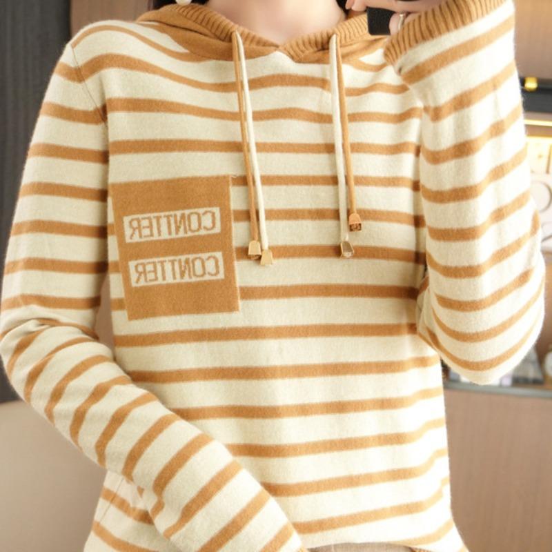 Women's Fashion Casual Stripe Print Autumn Winter Long Sleeve Hooded Loose Sweaters