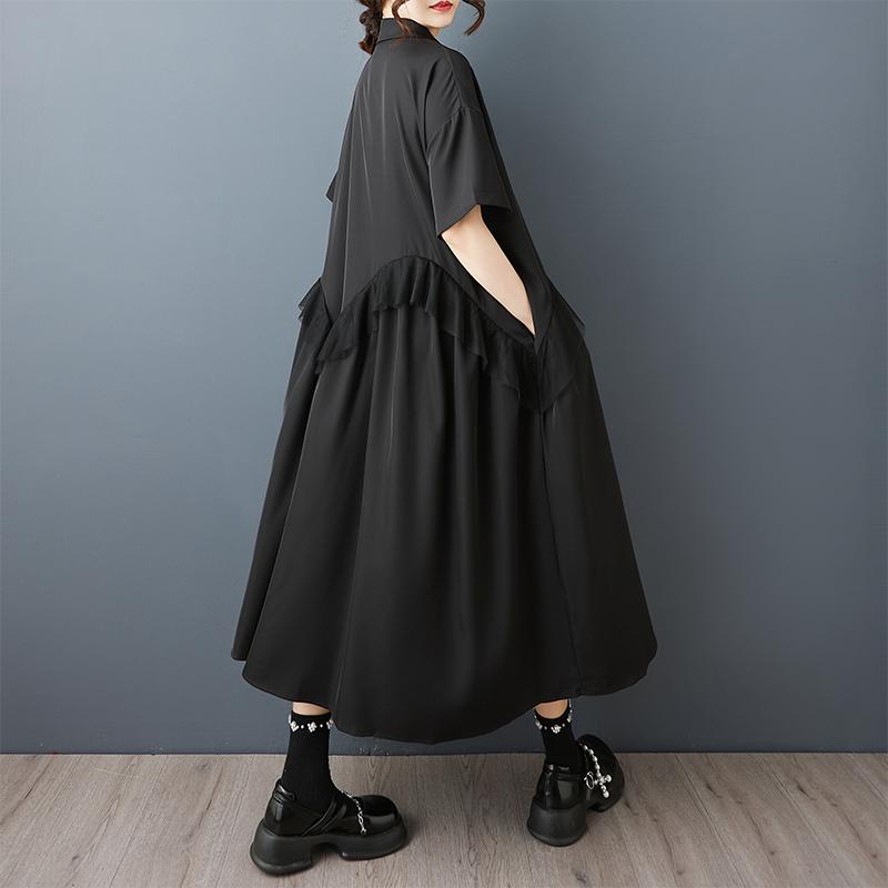 Dimanaf Plus Size Loose Dress Blouse Women 2025 Lace Spliecd Buttons New Summer Style Black Shirt Dress