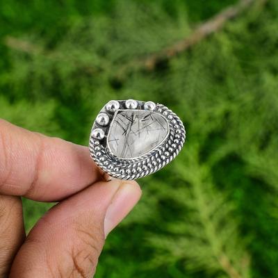 Natural Black Rutilated Quartz Sister New Promise Ring Jewelry Sterling Silver