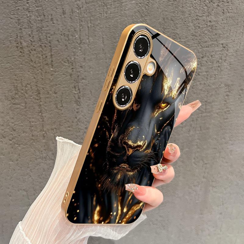 Black Gold Lion Pattern 2D Phone Case for Samsung S26 S25 S24 S23 S22 S21 S20 A56 - Golden Metal Paint Glass Protective Cover