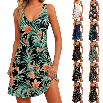 Women's Casual Sundress With Pockets Summer Boho Beach Dress Floral Blouses For Women T-Shirts Dress V Neck Loose Tank Dresses