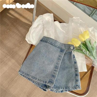 Girls Suit Summer Korean Sweet Lace Hollow Shirt Fake Two Denim Shorts Kids Clothes Girls Kids Clothes