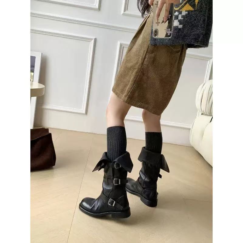 Cowhide version~ Genuine leather retro two-wear knight boots women's round head thick-soled medium boots belt buckle black Martin boots