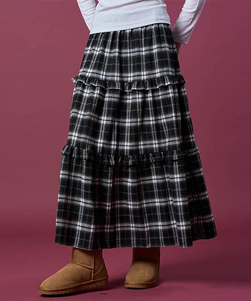 Collet Thick Fleece-Lined Tiered Check Flare Elastic Long Skirt [Black] Autumn/Winter Ver.