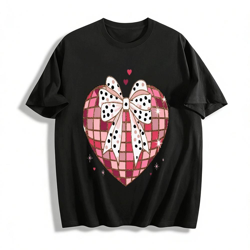 Heart Disco Grid Polka Dot Bow Print Casual Top Pure cotton T-shirt XXS
