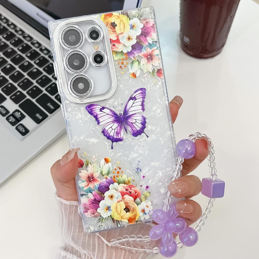 Small Fresh Embossed Butterfly Suitable for Samsung S25 Ultra Electroplated Mobile Phone Case Bracelet S24 Flash Powder Lens Film A56
