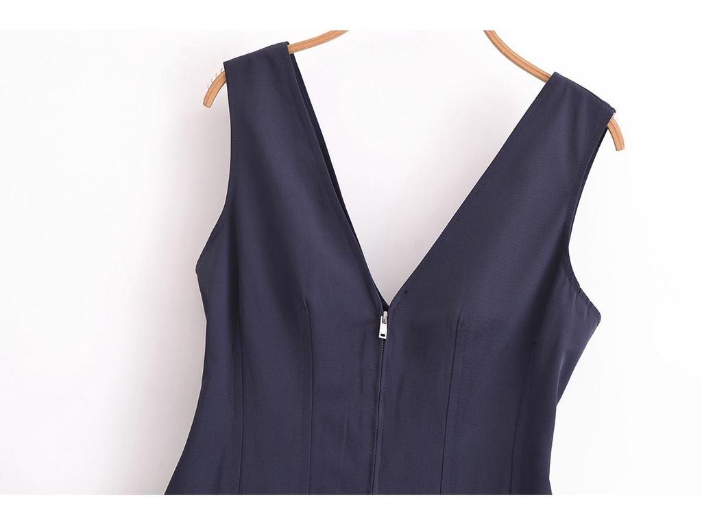 2025 Spring Women's European & American V-Neck Zipper Midi Dress