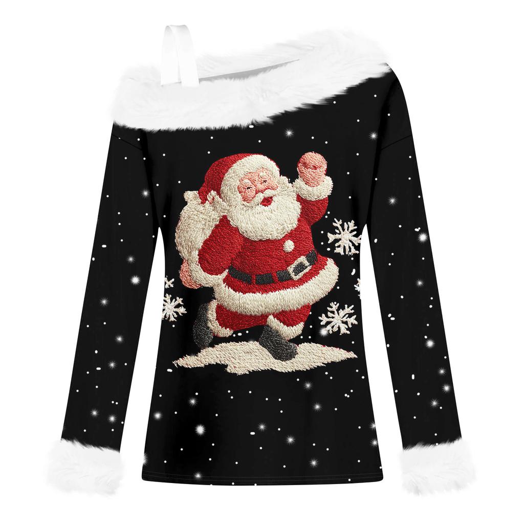 Women's Casual Fashion Sexy Off-Shoulder Collar Christmas Pattern Long Sleeve Crewneck T-Shirt Top