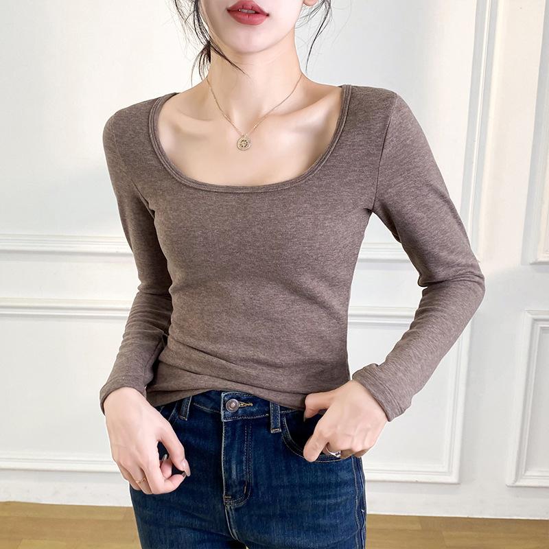 Bottom Top Womens Square Collar Autumn and Winter Fleece Thickened Double-sided Abraded Bottom Thermal Top S