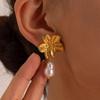 Vintage Big Flower Pearl Stud Earrings Gold Color Metal Earring Trendy Luxury Party Rings For Women Girls Stylish Jewelry Gifts
