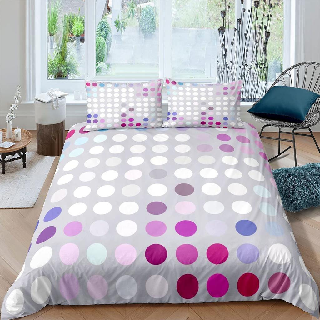 Colorful Dots Bedding Set Geometry Comforter Cover Set for Girls,Pink Yellow Green Red Purple Circle Print Duvet Cover Polyester
