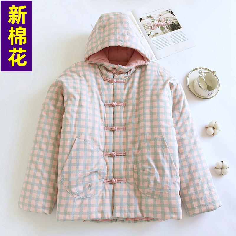 Fashion winter plaid hooded cotton-padded jacket to keep warm Chinese handmade cotton-padded jacket