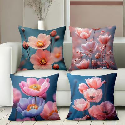 Floral Patterned Cushion Covers Blue Background Decor Polyester Pillowcase, Sofa Decorative Cushion Cov Headboard Pillow